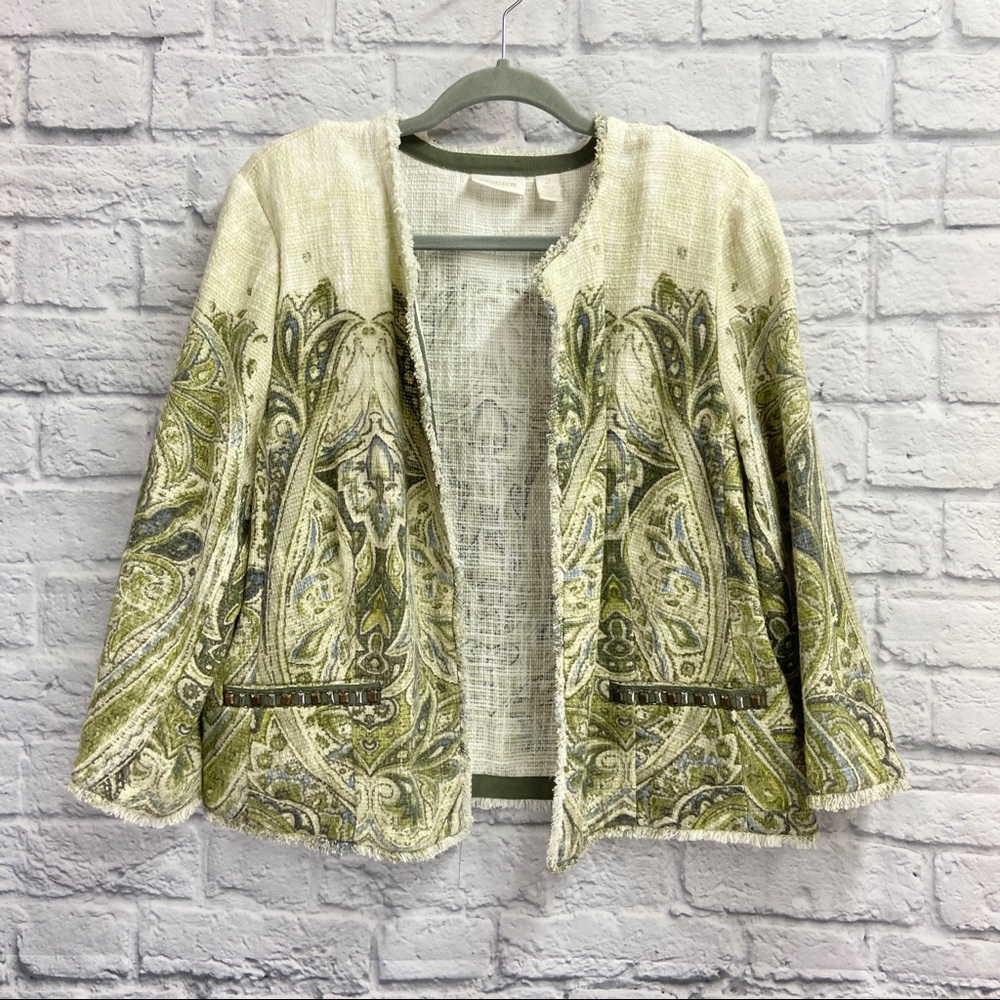 Chicos Womens Lightweight Open Jacket Size 2 (L) 3/4 Sleeve Fringe Paisley Green